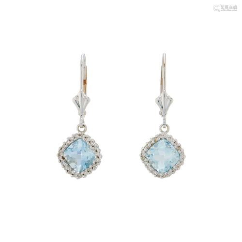 A pair of 14ct gold aquamarine and singl