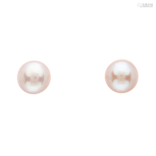 A pair of 18ct gold pink cultured pearl