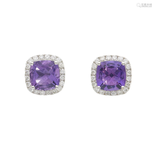 A pair of 18ct gold amethyst and brillia