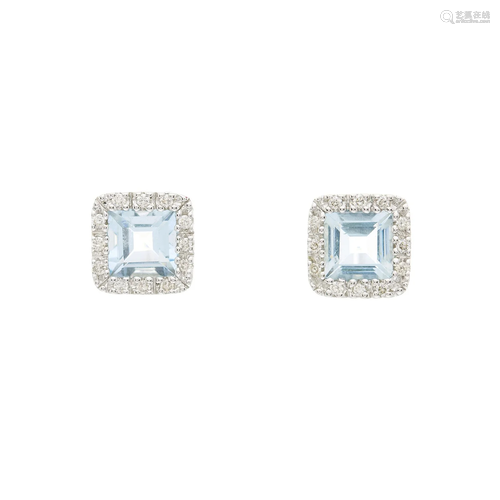 A pair of 14ct gold aquamarine and brill