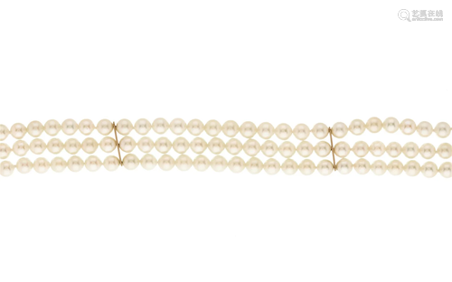 A cultured pearl three-row bracelet, wit