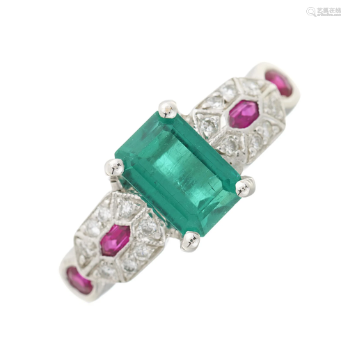 A platinum, emerald, vari-shape ruby and