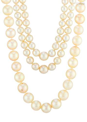 Three cultured pearl necklaces, each wit