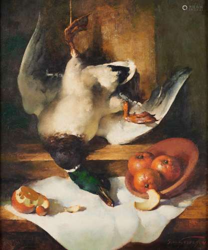 Huile sur toile: Le canard à l'orange.Signée: S. Van Gel...