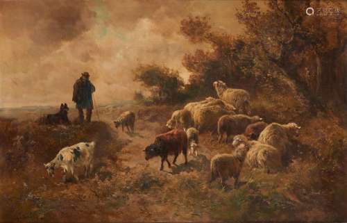 Huile sur toile: Berger et son troupeau de moutons sur fond ...