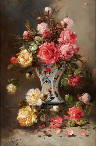 Huile sur toile: Vase fleuri de roses.Signée: Jos Klaas alia...