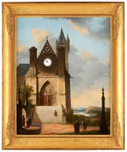 Huile sur toile avec horloge au cadran émaillé: Église sur f...