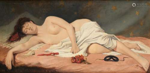 Huile sur toile: Jeune femme nue endormie après la fête.(qua...