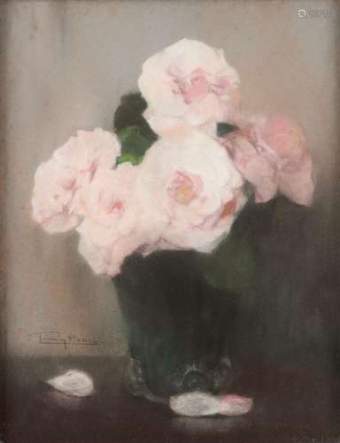 Pastel sur carton: "Roses".Signé Firmin Baes, cont...