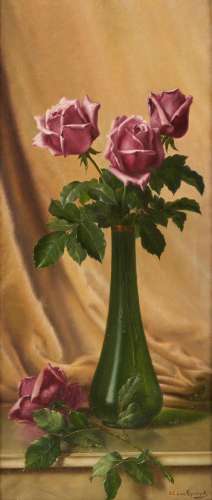 Huile sur toile: Roses dans un vase.Signée: Ed. van Ryswyck....