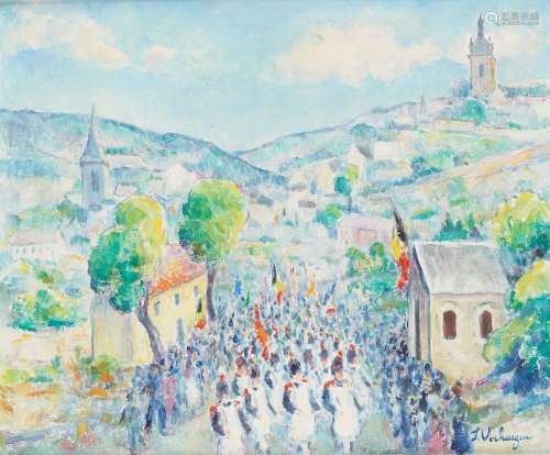 Huile sur toile: La marche Saint-Roch à Thuin.Signée: F. Ver...
