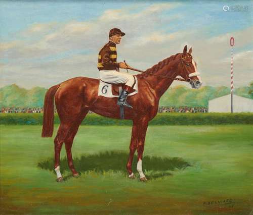 Huile sur toile: Jockey N°6 au champ de courses.Signée et da...