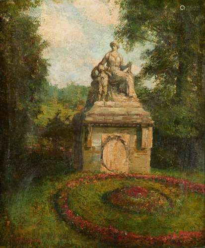 Huile sur toile: Jardin fleuri avec monument.Signée: A. Bast...