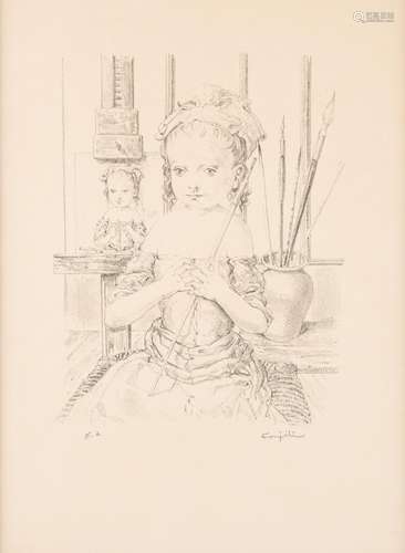 Estampe, eau-forte en noir et blanc sur papier: Jeune fille ...