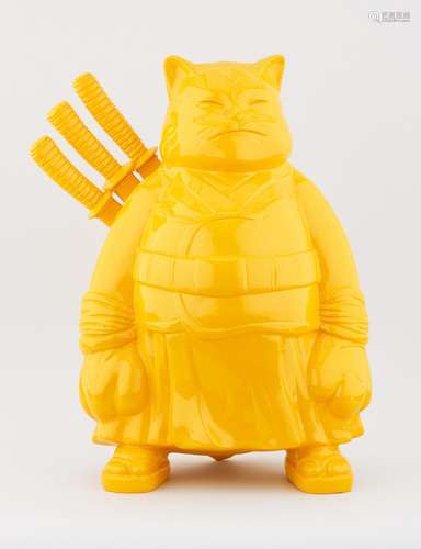 Sculpture en résine: Samurai Cat Monology jaune.Signée et da...