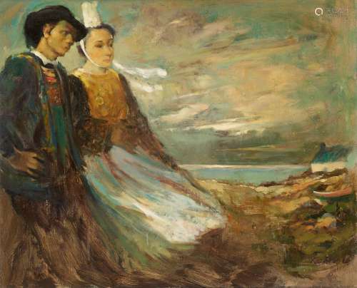 Huile sur toile: Jeune couple breton en tenue traditionnelle...