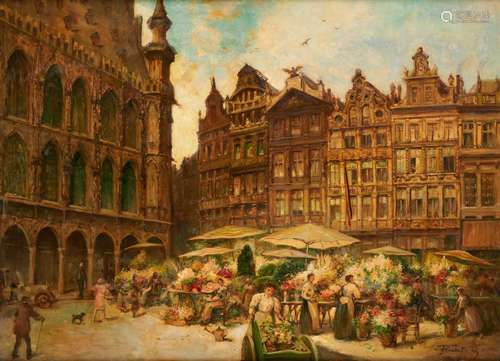 Huile sur toile: Marché aux fleurs à la Grand Place de Bruxe...