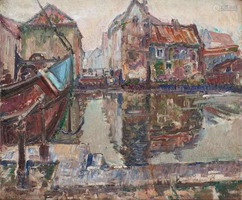 Huile sur panneau: Péniche dans le canal.Signée: A. Hallet.D...