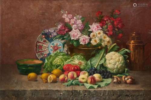 Huile sur toile: Composition aux légumes et aux fleurs sur e...