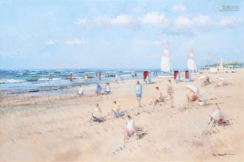 Huile sur toile: Voiliers en bord de mer animée.Signée: Van ...