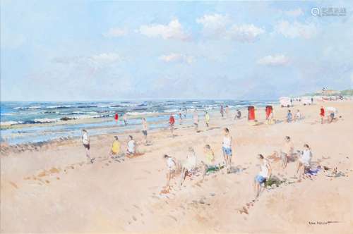 Huile sur toile: Journée ensoleillée à la plage.Signée: Van ...