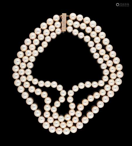 Bijou: Collier à trois rangs de perles Akoya (8,5/9,5mm), fe...