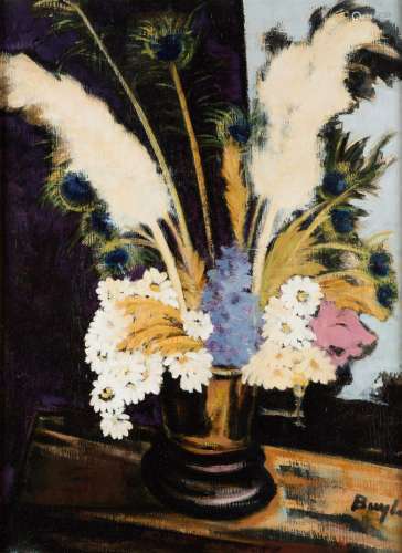 Huile sur toile: Vase fleuri.Signée: Buyle.Dim.: 101 x 76 cm...