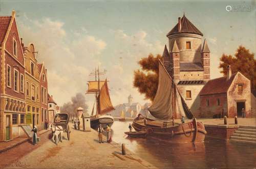 Huile sur toile: "La Porte d'Amsterdam".Signée...