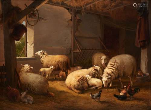 Huile sur toile (rentoilée): Moutons, poules et lapin à l...