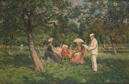 Huile sur toile: Camille Lemonnier en visite au jardin.Signé...