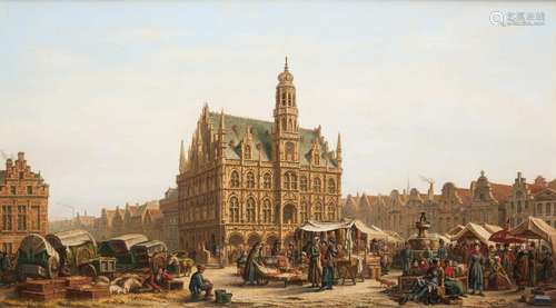 Huile sur toile: Jour de marché sur la Grand Place d'Aud...