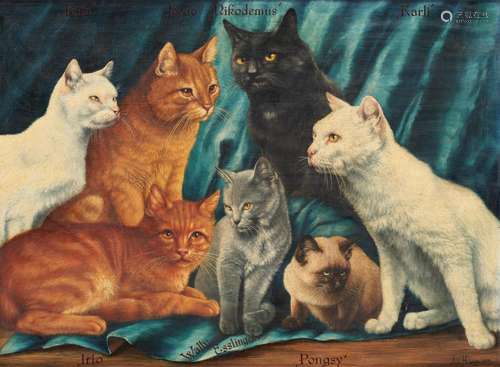 Huile sur toile: Les sept chats.Signée et datée: Alb. Haug 1...