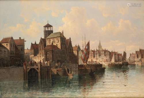 Huile sur toile (rentoilée): Ville portuaire animée.Signée: ...