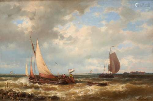 Huile sur toile (rentoilée): Bateaux de pêche se croisant de...