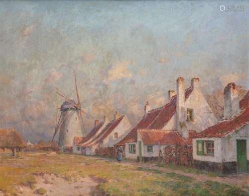 Huile sur toile: Paysage et moulin, Knokke ca.1935.Signée: E...