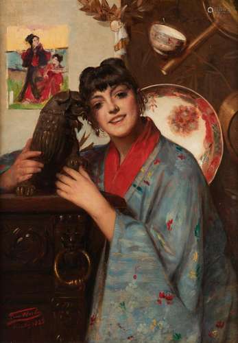 Huile sur toile: Jeune fille en kimono entourée d'objets...