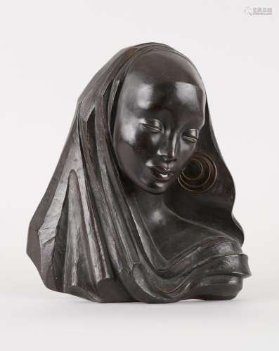 Sculpture en bronze à patine brune: Buste d'africaine av...