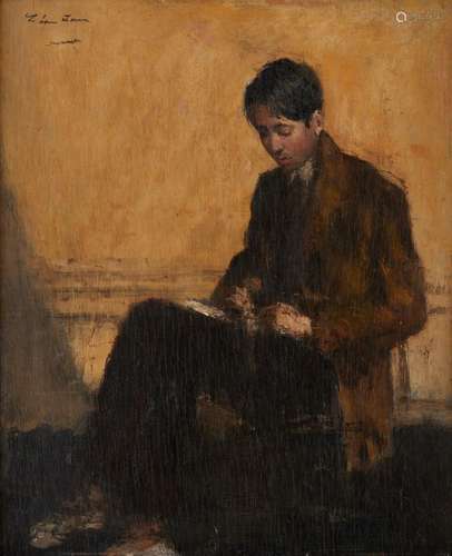 Huile sur panneau: Jeune homme à la lecture.Signée: Léon Zac...