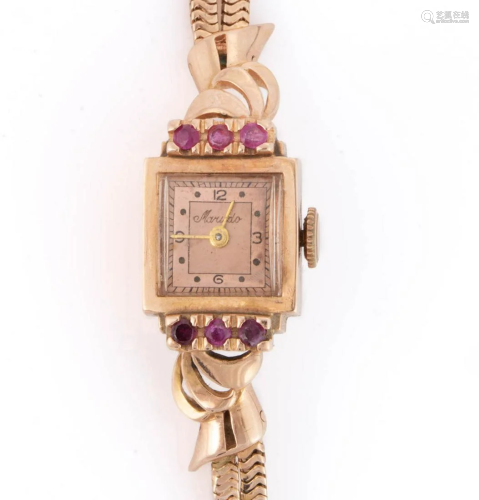 VINTAGE 14K ROSE GOLD AND RUBY LADY'S WRIST WATCH