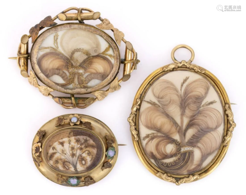 VICTORIAN GOLD-FILLED HAIR-WORK MOURNING BROOCHES, LOT OF TH...