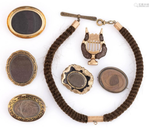 VICTORIAN GOLD-FILLED HAIR-WORK AND OTHER MOURNING JEWELRY, ...