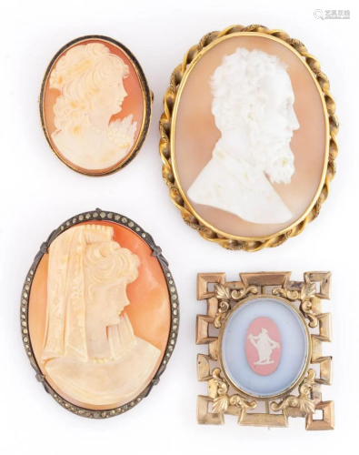 ANTIQUE / VINTAGE GOLD AND SILVER CAMEO BROOCHES, LOT OF FOU...
