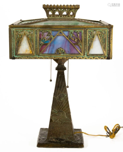 CAST-BRONZE AND LEADED GLASS ELECTRIC TABLE LAMP