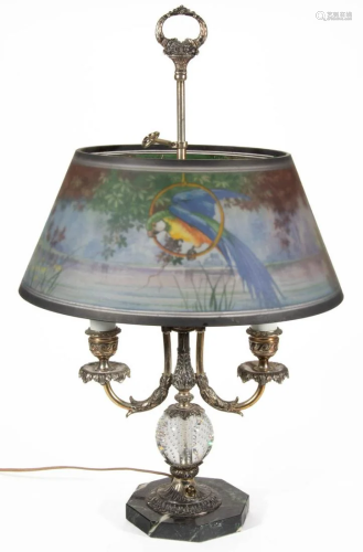 PAIRPOINT PERCHED PARROT REVERSE- PAINTED GLASS ELECTRIC TAB...