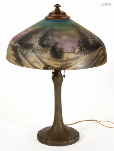 HANDEL REVERSE-PAINTED ART GLASS ELECTRIC TABLE LAMP