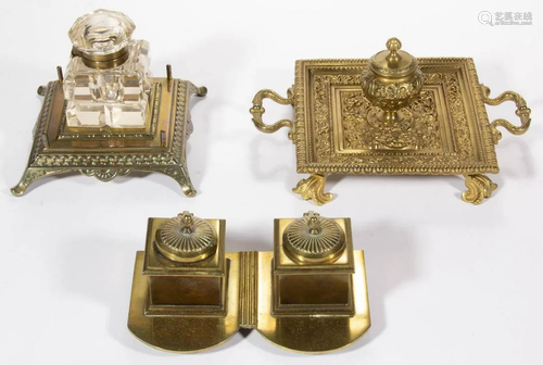 ASSORTED BRITISH BRASS INKWELLS, LOT OF THREE