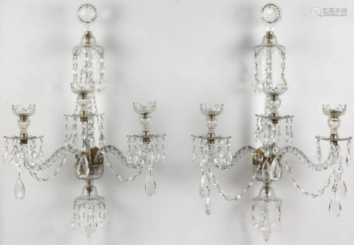 ADAM STYLE FINE CUT THREE-ARM GLASS PAIR OF WALL FIXTURES / ...