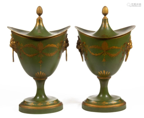 PAIR OF FRENCH PAINTED TOLEWARE COVERED URNS