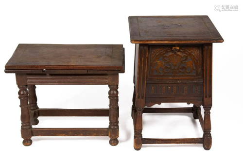 BRITISH JACOBEAN-STYLE OAK STAND AND BENCH