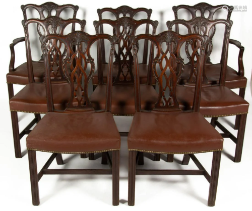 SET OF EIGHT CHIPPENDALE-STYLE CARVED MAHOGANY DINING CHAIRS